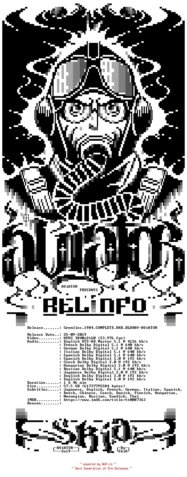 NFO for the release Gremlins.1984.COMPLETE.UHD.BLURAY-AViATOR by AViATOR