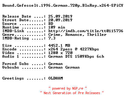 NFO for the release Bound.Gefesselt.1996.German.720p.BluRay.x264-SPiCY by SPiCY