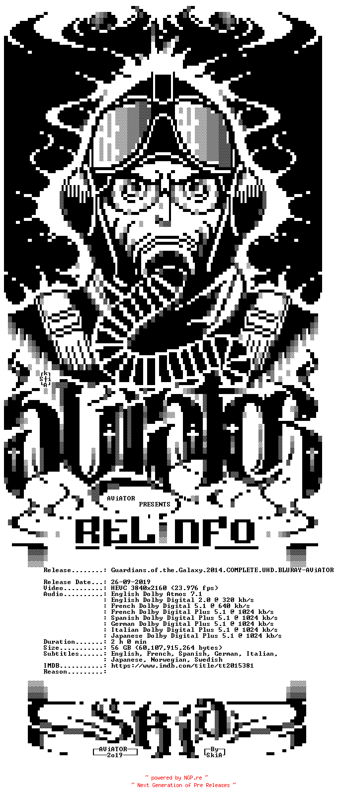 NFO for the release Guardians.of.the.Galaxy.2014.COMPLETE.UHD.BLURAY-AViATOR by AViATOR
