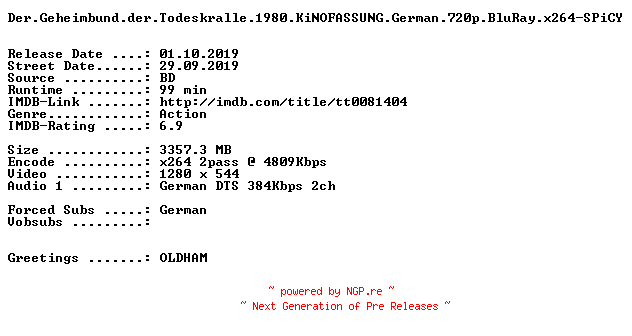 NFO for the release Der.Geheimbund.der.Todeskralle.1980.KiNOFASSUNG.German.720p.BluRay.x264-SPiCY by SPiCY