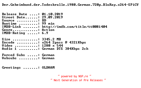 NFO for the release Der.Geheimbund.der.Todeskralle.1980.German.720p.BluRay.x264-SPiCY by SPiCY