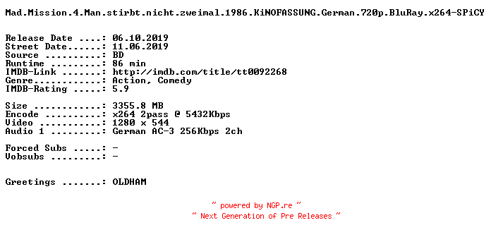 NFO for the release Mad.Mission.4.Man.stirbt.nicht.zweimal.1986.KiNOFASSUNG.German.720p.BluRay.x264-SPiCY by SPiCY