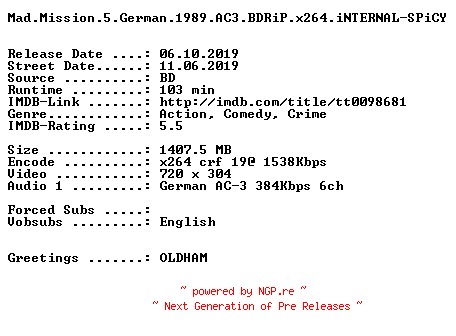 NFO for the release Mad.Mission.5.German.1989.AC3.BDRiP.x264.iNTERNAL-SPiCY by SPiCY