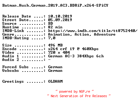 NFO for the release Batman.Hush.German.2019.AC3.BDRiP.x264-SPiCY by SPiCY