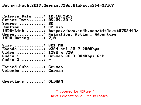 NFO for the release Batman.Hush.2019.German.720p.BluRay.x264-SPiCY by SPiCY