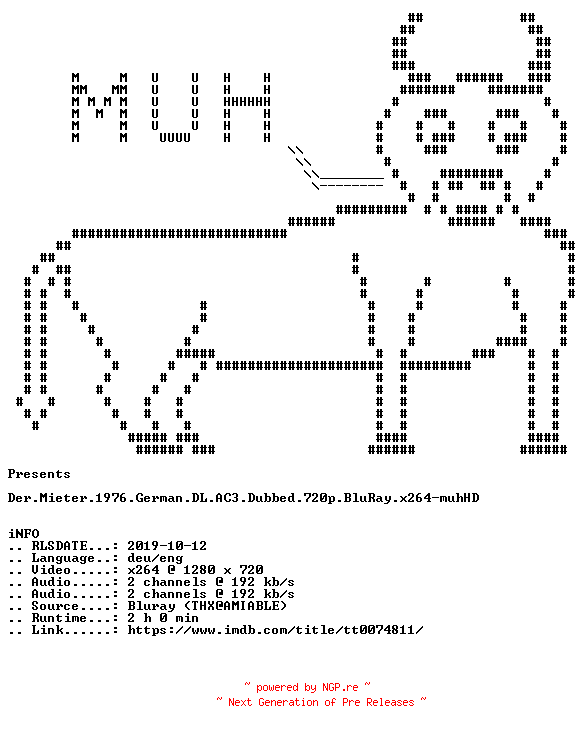 NFO for the release Der.Mieter.1976.German.DL.AC3.Dubbed.720p.BluRay.x264-muhHD by muhHD