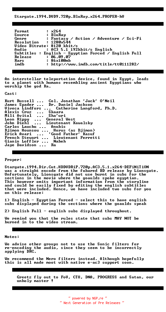 NFO for the release Stargate.1994.DVD9.720p.BluRay.x264.PROPER-hV by hV