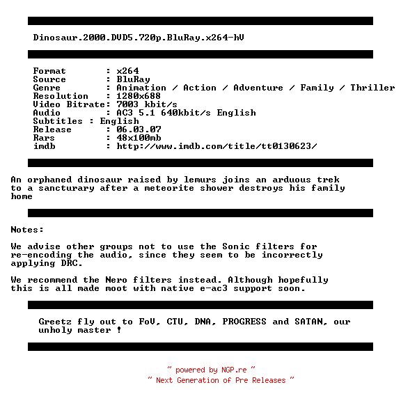 NFO for the release Dinosaur.2000.DVD5.720p.BluRay.x264-hV by hV