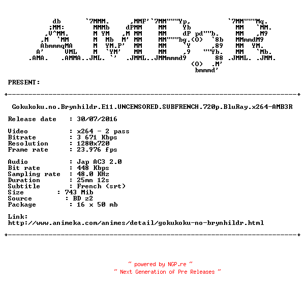 NFO for the release Gokukoku.no.Brynhildr.E11.UNCENSORED.SUBFRENCH.720p.BluRay.x264-AMB3R by AMB3R