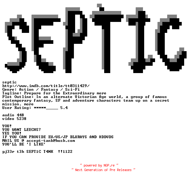 NFO for the release The.League.of.Extraordinary.Gentlemen.2003.720p.BluRay.x264-SEPTiC by SEPTiC