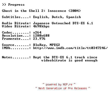 NFO for the release Ghost.In.The.Shell.2.Innocence.2004.DVD5.720p.BluRay.x264-PROGRESS by PROGRESS