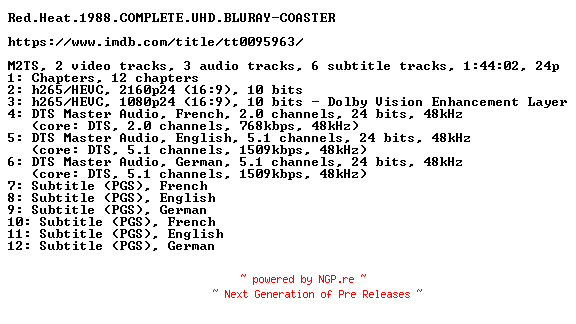 NFO for the release Red.Heat.1988.COMPLETE.UHD.BLURAY-COASTER by COASTER