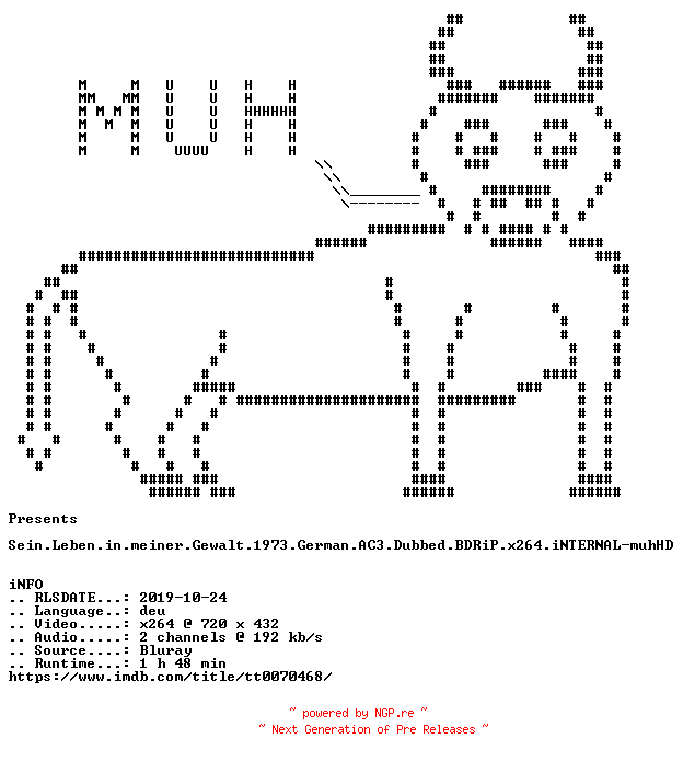 NFO for the release Sein.Leben.in.meiner.Gewalt.1973.German.AC3.Dubbed.BDRiP.x264.iNTERNAL-muhHD by muhHD