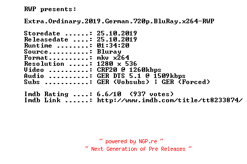 NFO for the release Extra.Ordinary.2019.German.720p.BluRay.x264-RWP by RWP