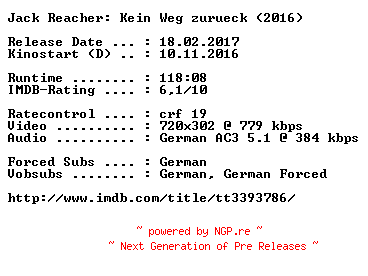NFO for the release Jack.Reacher.Kein.Weg.zurueck.German.2016.AC3.BDRip.x264-COiNCiDENCE by COiNCiDENCE