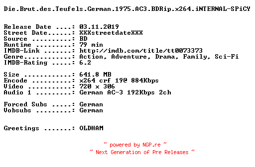 NFO for the release Die.Brut.des.Teufels.German.1975.AC3.BDRip.x264.iNTERNAL-SPiCY by SPiCY