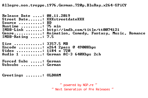 NFO for the release Allegro.non.troppo.1976.German.720p.BluRay.x264-SPiCY by SPiCY