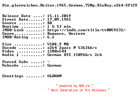NFO for the release Die.glorreichen.Reiter.1965.German.720p.BluRay.x264-SPiCY by SPiCY