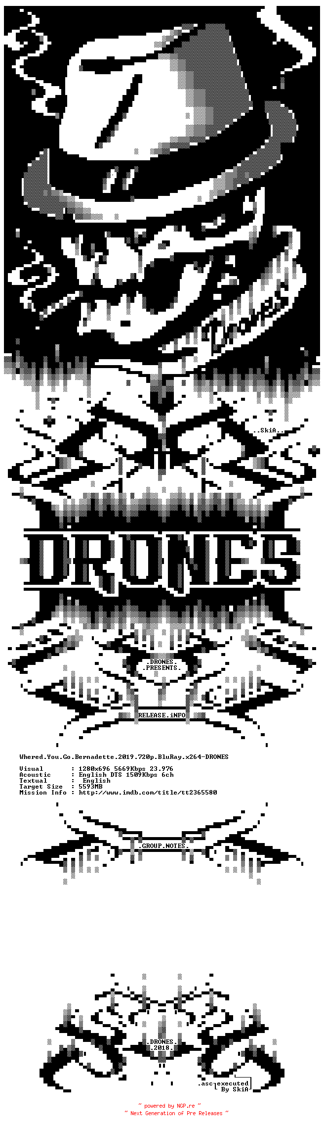 NFO for the release Whered.You.Go.Bernadette.2019.720p.BluRay.x264-DRONES by DRONES