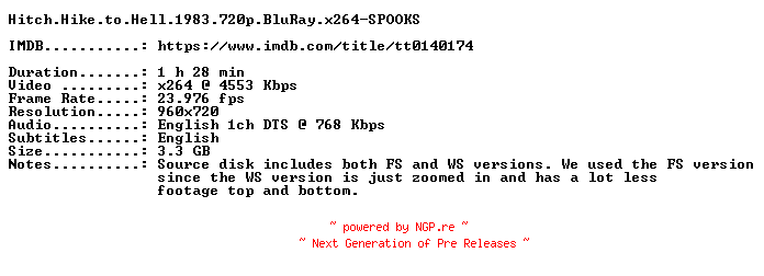 NFO for the release Hitch.Hike.to.Hell.1983.720p.BluRay.x264-SPOOKS by SPOOKS