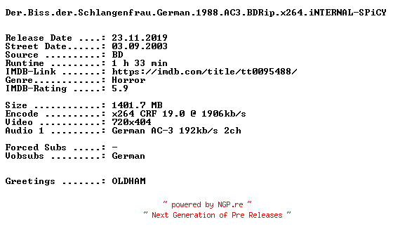 NFO for the release Der.Biss.der.Schlangenfrau.German.1988.AC3.BDRip.x264.iNTERNAL-SPiCY by SPiCY