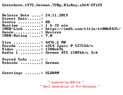 NFO for the release Greenhorn.1972.German.720p.BluRay.x264-SPiCY by SPiCY