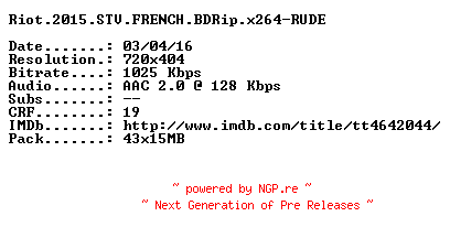 NFO for the release Riot.2015.STV.FRENCH.BDRip.x264-RUDE by RUDE