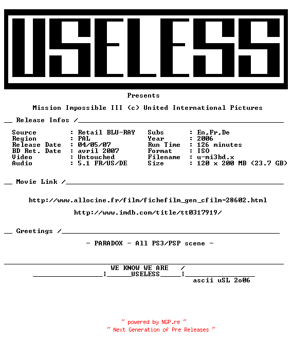NFO for the release Mission.Impossible.III.2006.PAL.MULTi.BLURAY-USELESS by USELESS