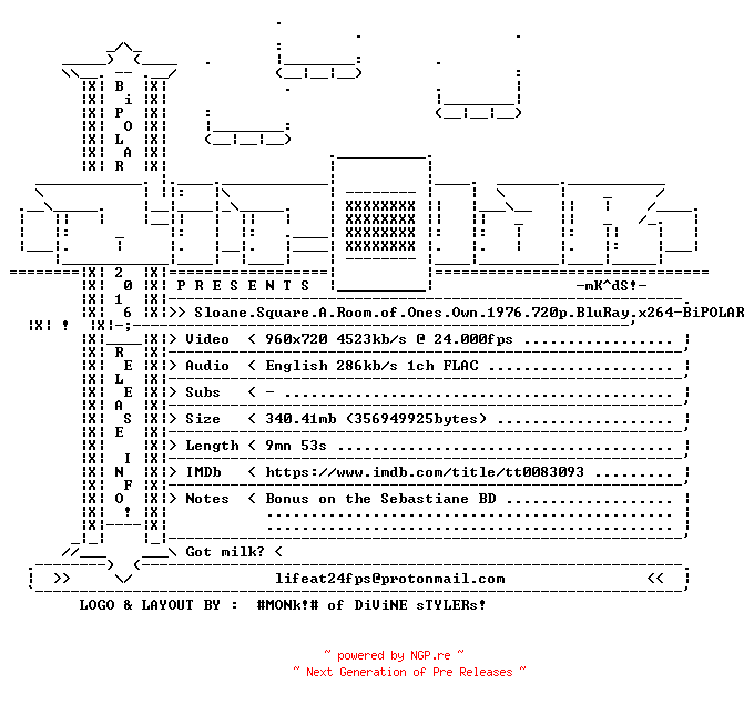 NFO for the release Sloane.Square.A.Room.of.Ones.Own.1976.720p.BluRay.x264-BiPOLAR by BiPOLAR