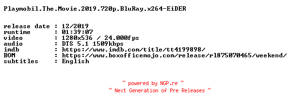 NFO for the release Playmobil.The.Movie.2019.720p.BluRay.x264-EiDER by EiDER