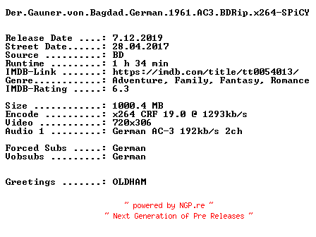 NFO for the release Der.Gauner.von.Bagdad.German.1961.AC3.BDRip.x264-SPiCY by SPiCY