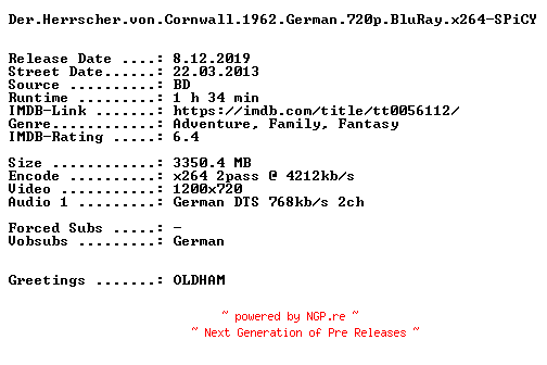 NFO for the release Der.Herrscher.von.Cornwall.1962.German.720p.BluRay.x264-SPiCY by SPiCY