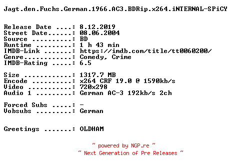 NFO for the release Jagt.den.Fuchs.German.1966.AC3.BDRip.x264.iNTERNAL-SPiCY by SPiCY