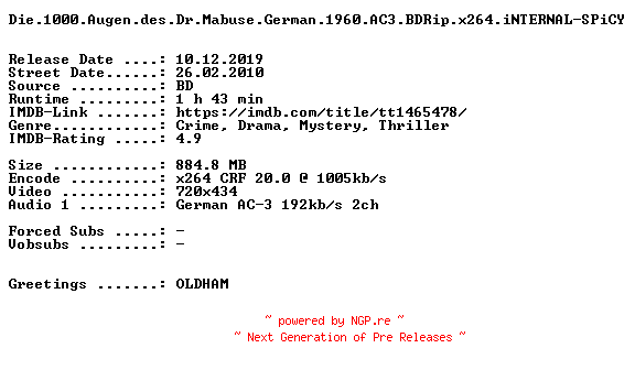 NFO for the release Die.1000.Augen.des.Dr.Mabuse.German.1960.AC3.BDRip.x264.iNTERNAL-SPiCY by SPiCY