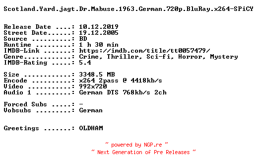 NFO for the release Scotland.Yard.jagt.Dr.Mabuse.1963.German.720p.BluRay.x264-SPiCY by SPiCY