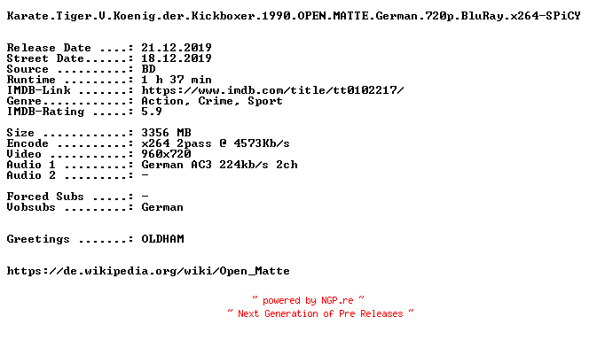 NFO for the release Karate.Tiger.V.Koenig.der.Kickboxer.1990.OPEN.MATTE.German.720p.BluRay.x264-SPiCY by SPiCY