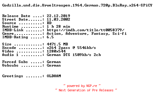 NFO for the release Godzilla.und.die.Urweltraupen.1964.German.720p.BluRay.x264-SPiCY by SPiCY