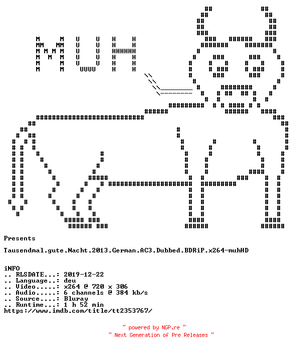 NFO for the release Tausendmal.gute.Nacht.2013.German.AC3.Dubbed.BDRiP.x264-muhHD by muhHD