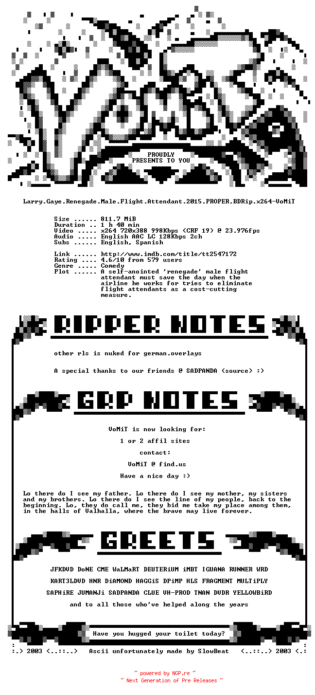 NFO for the release Larry.Gaye.Renegade.Male.Flight.Attendant.2015.PROPER.BDRip.x264-VoMiT by VoMiT