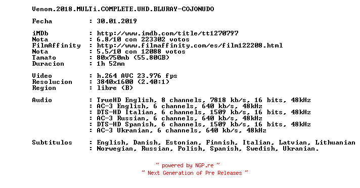 NFO for the release Venom.2018.MULTi.COMPLETE.UHD.BLURAY-COJONUDO by COJONUDO