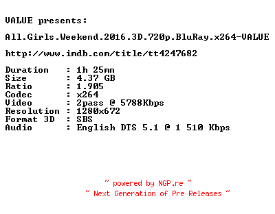 NFO for the release All.Girls.Weekend.2016.3D.720p.BluRay.x264-VALUE by VALUE