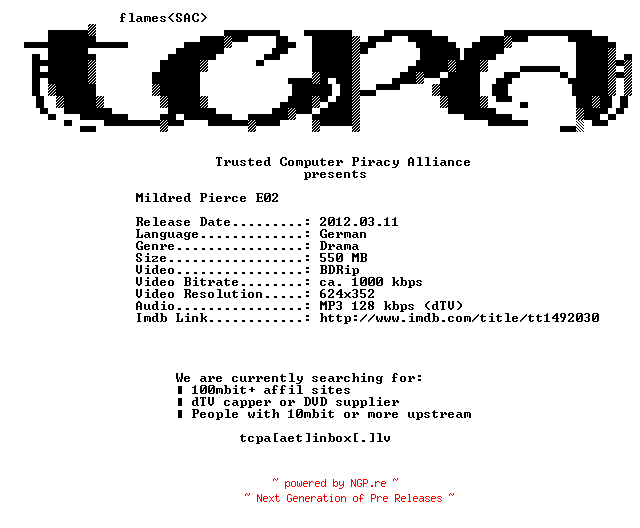 NFO for the release Mildred.Pierce.E02.German.Dubbed.BDRip.XviD-TCPA by TCPA
