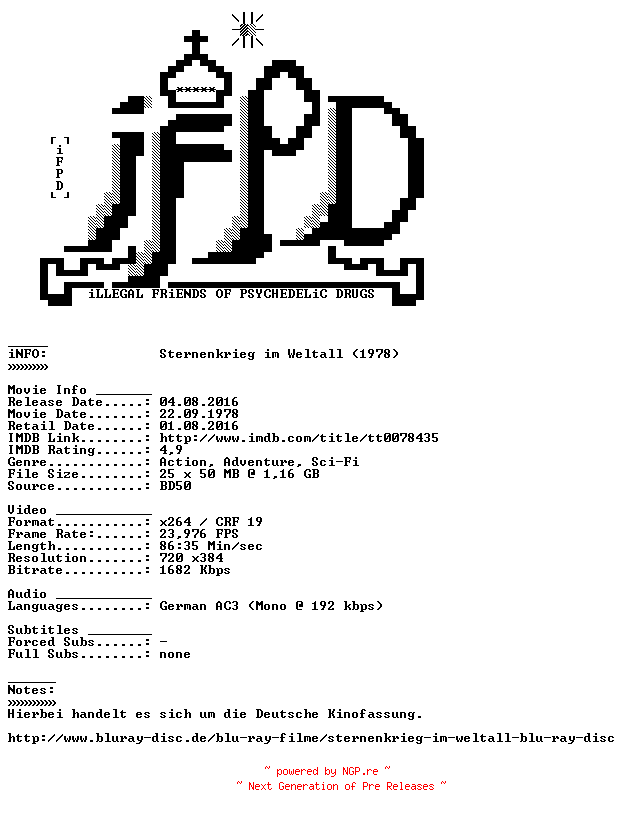 NFO for the release Sternenkrieg.im.Weltall.German.1978.AC3.BDRiP.x264-iFPD by iFPD