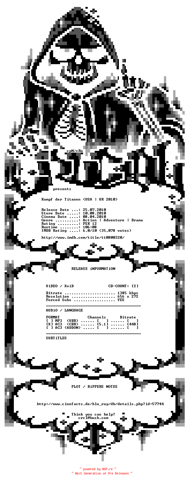 NFO for the release Kampf.der.Titanen.German.AC3.BDRip.XviD-CRUCiAL by CRUCiAL