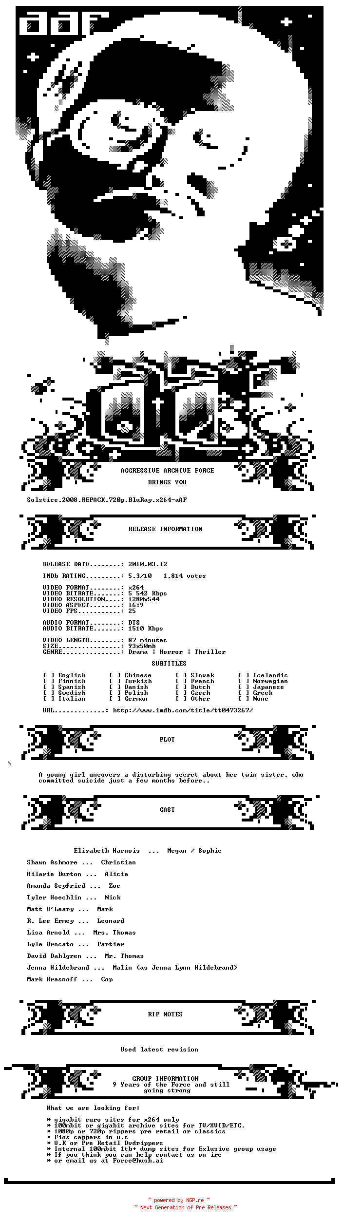 NFO for the release Solstice.2008.REPACK.720p.BluRay.x264-aAF by aAF