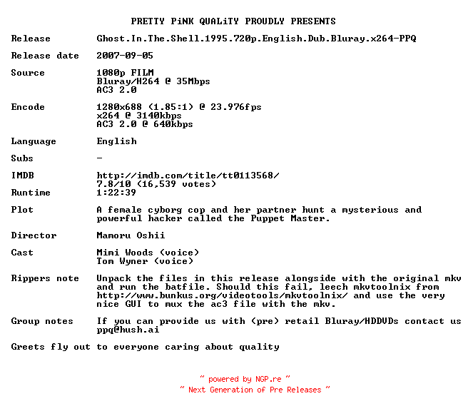 NFO for the release Ghost.In.The.Shell.1995.720p.English.Dub.Bluray.x264-PPQ by PPQ