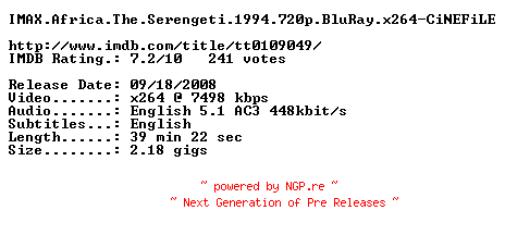 NFO for the release IMAX.Africa.The.Serengeti.1994.720p.BluRay.x264-CiNEFiLE by CiNEFiLE