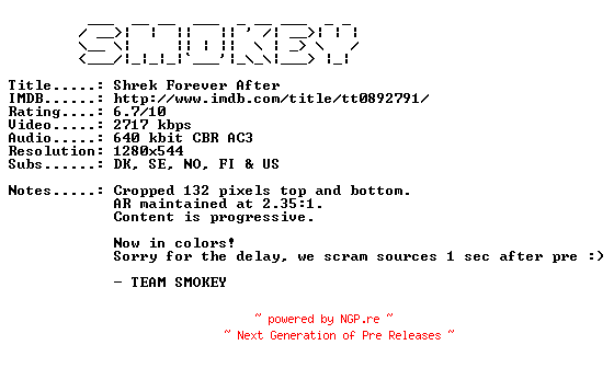 NFO for the release Shrek.Forever.After.2010.RERIP.FINNISH.720p.Bluray.x264-SMOKEY by SMOKEY