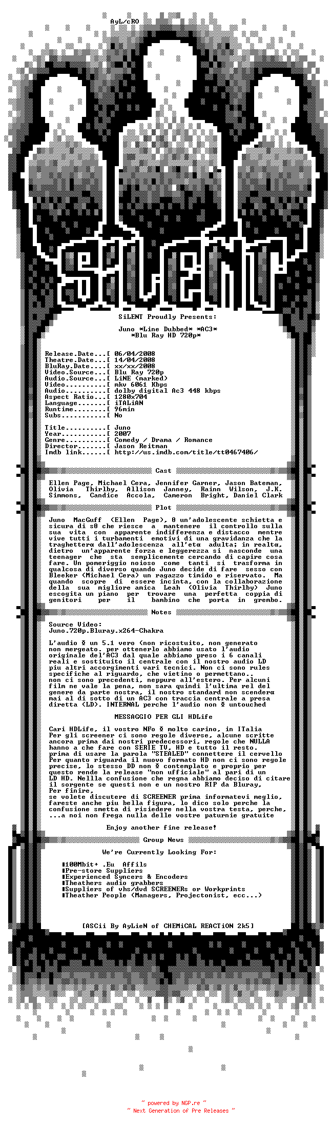 NFO for the release Juno.2007.iTALiAN.iNTERNAL.READNFO.LD.720p.BluRay.x264-SiLENT by SiLENT