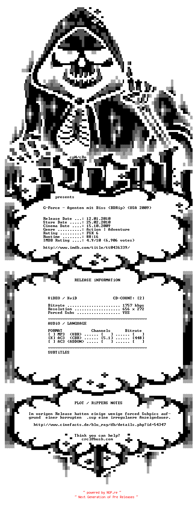 NFO for the release G-Force.Agenten.mit.Biss.German.AC3.BDRip.XviD.REPACK-CRUCiAL by CRUCiAL